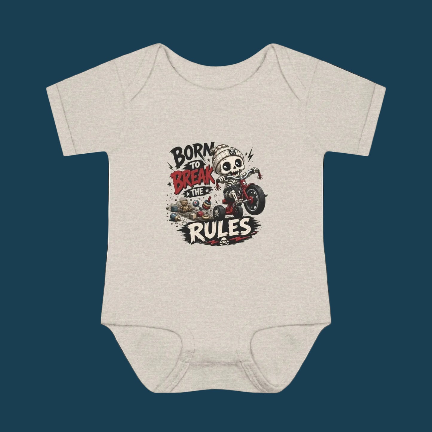 "Born to Break the Rules" Baby Bodysuit – Cute Rebel Infant Onesie (Motorcycle Skeleton Design)