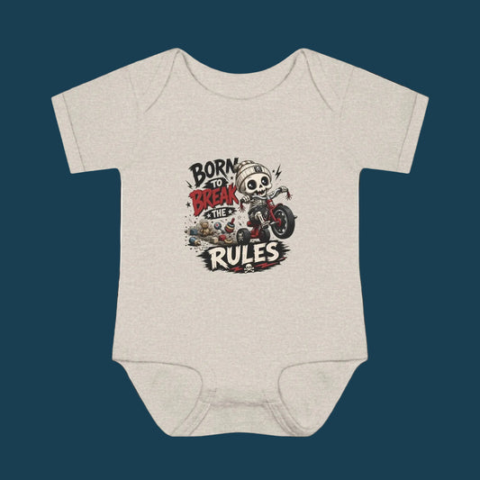 "Born to Break the Rules" Baby Bodysuit – Cute Rebel Infant Onesie (Motorcycle Skeleton Design)