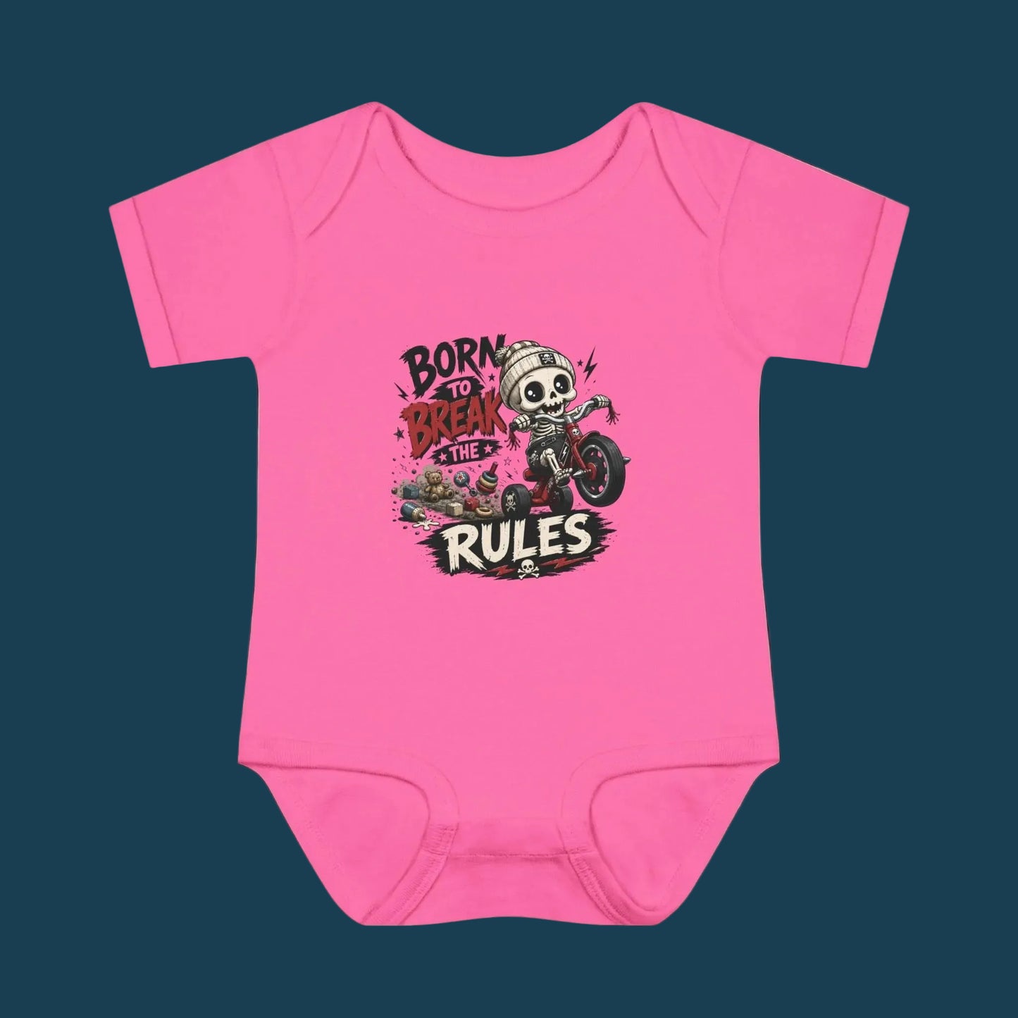 "Born to Break the Rules" Baby Bodysuit – Cute Rebel Infant Onesie (Motorcycle Skeleton Design)