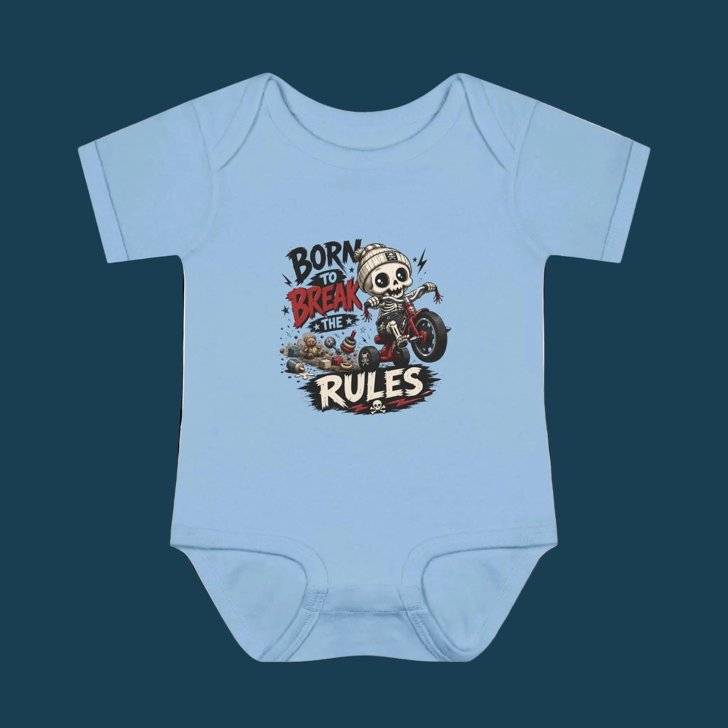 "Born to Break the Rules" Baby Bodysuit – Cute Rebel Infant Onesie (Motorcycle Skeleton Design)