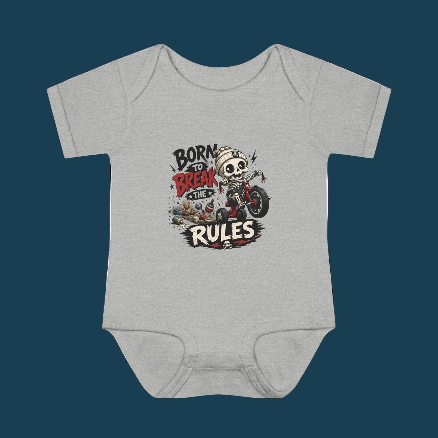 "Born to Break the Rules" Baby Bodysuit – Cute Rebel Infant Onesie (Motorcycle Skeleton Design)
