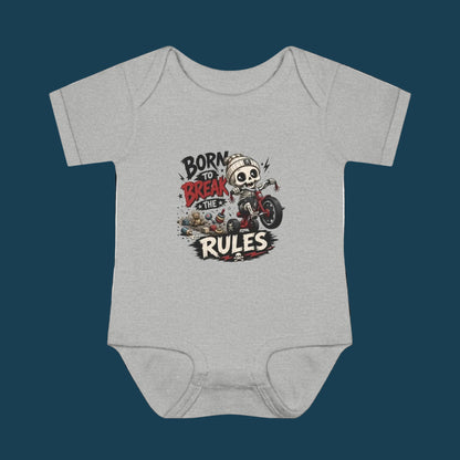 "Born to Break the Rules" Baby Bodysuit – Cute Rebel Infant Onesie (Motorcycle Skeleton Design)