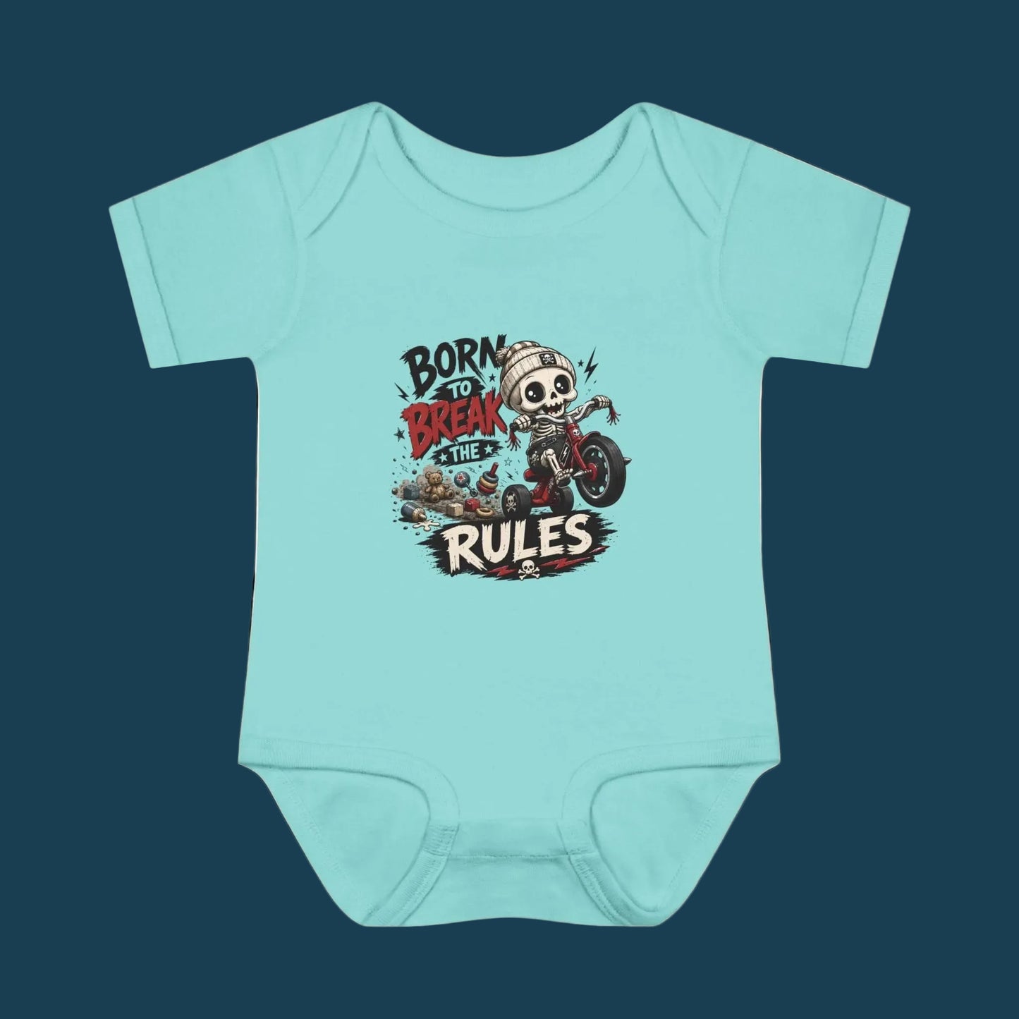 "Born to Break the Rules" Baby Bodysuit – Cute Rebel Infant Onesie (Motorcycle Skeleton Design)