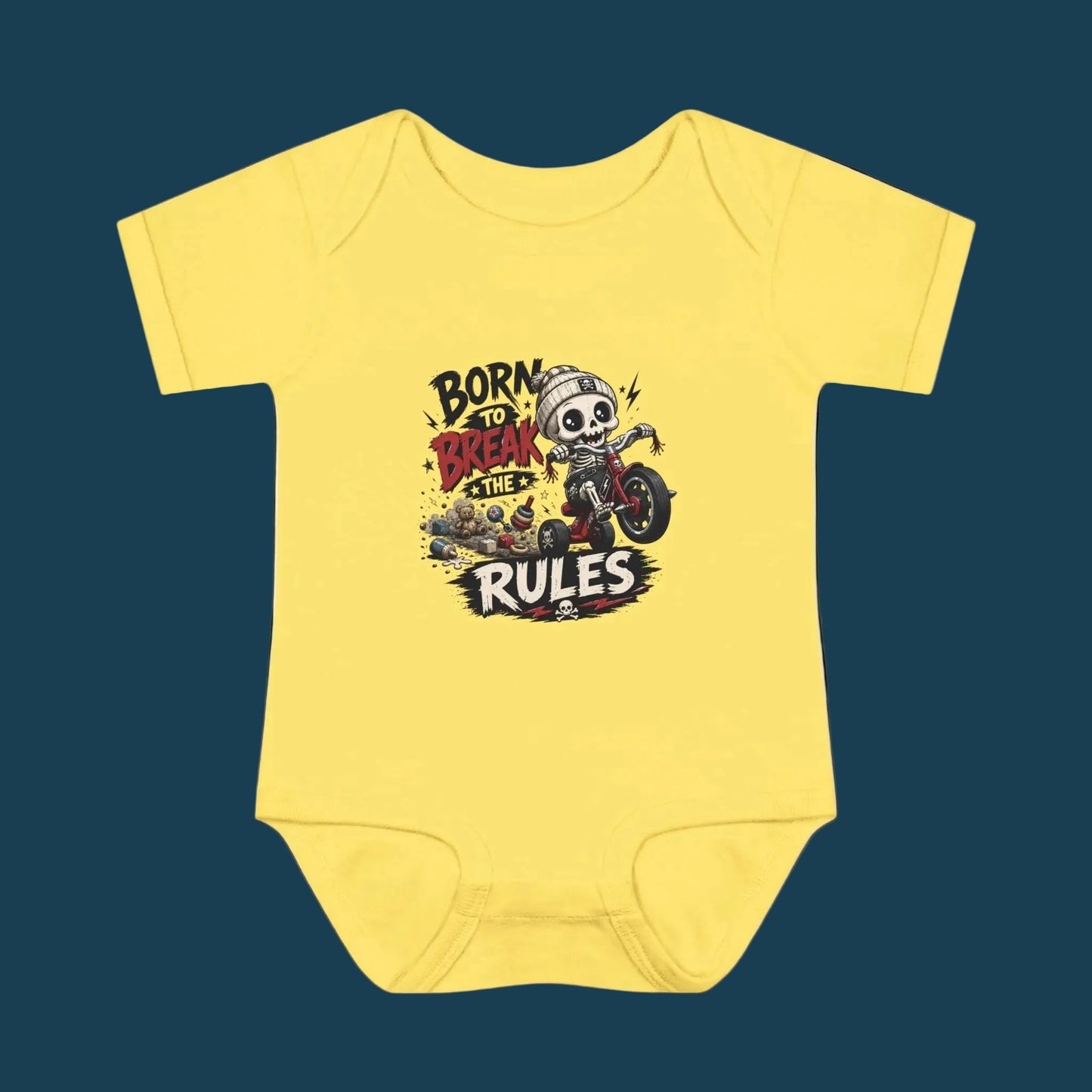"Born to Break the Rules" Baby Bodysuit – Cute Rebel Infant Onesie (Motorcycle Skeleton Design)