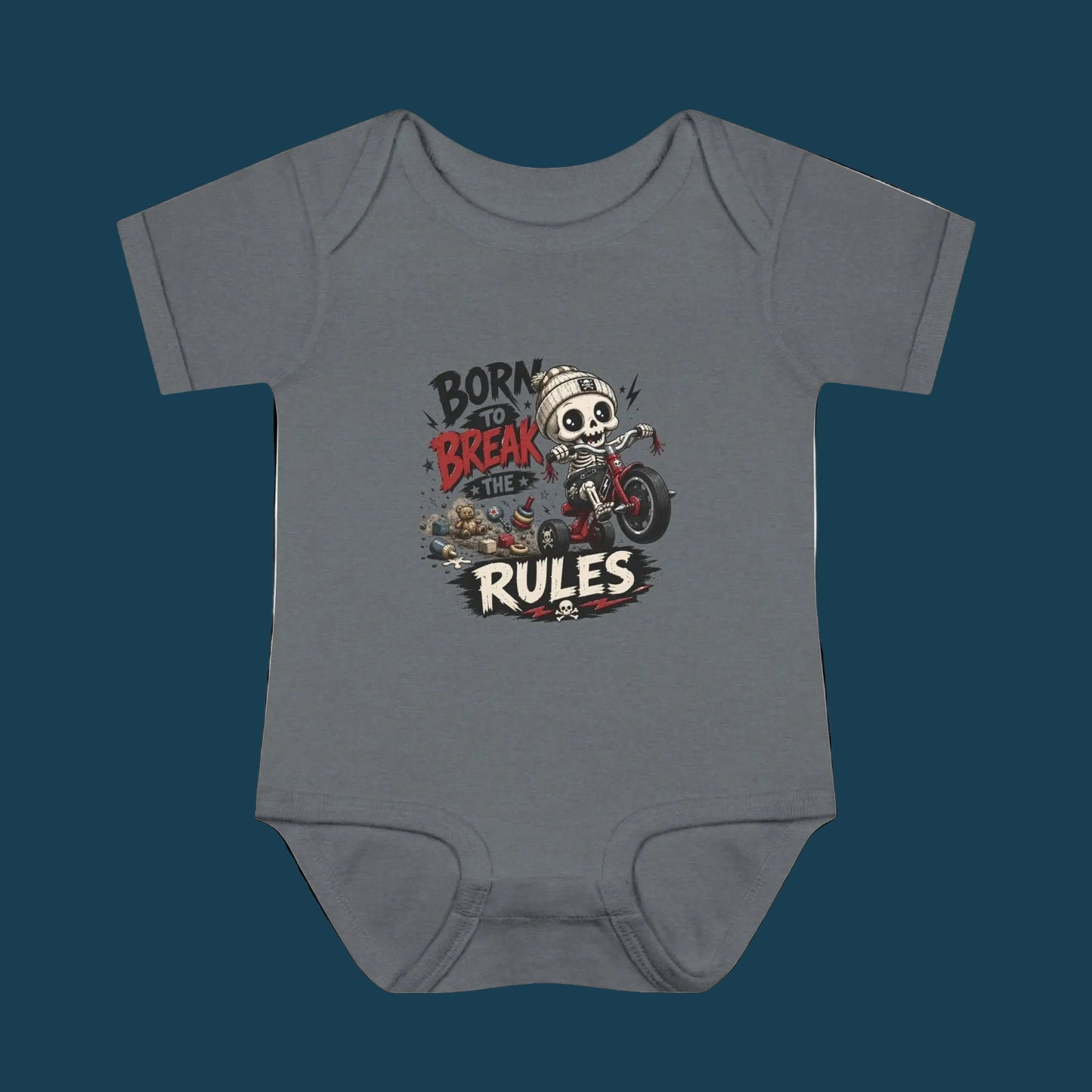 "Born to Break the Rules" Baby Bodysuit – Cute Rebel Infant Onesie (Motorcycle Skeleton Design)