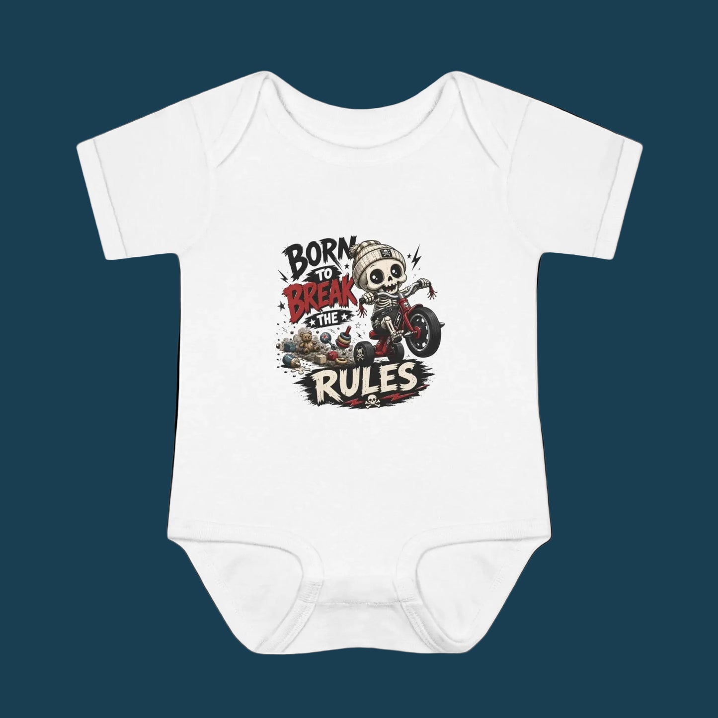 "Born to Break the Rules" Baby Bodysuit – Cute Rebel Infant Onesie (Motorcycle Skeleton Design)