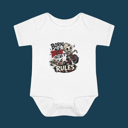 "Born to Break the Rules" Baby Bodysuit – Cute Rebel Infant Onesie (Motorcycle Skeleton Design)