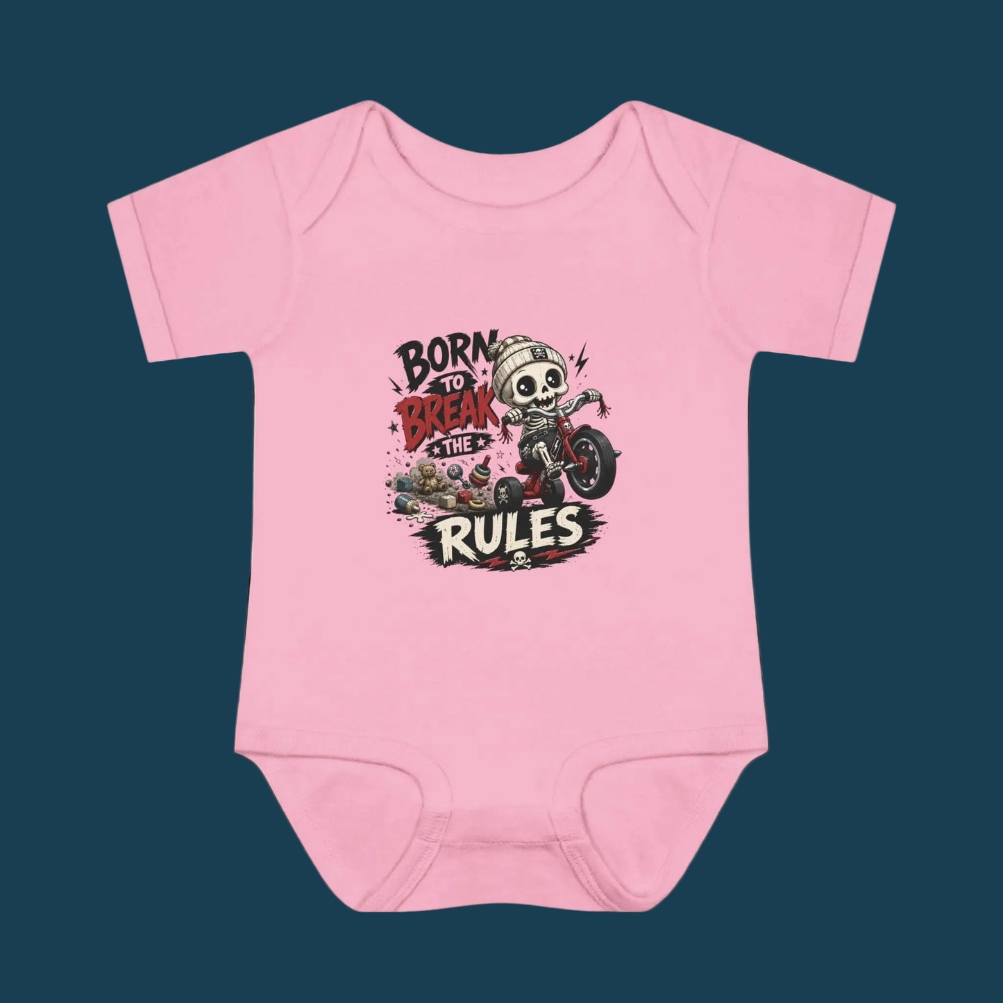 "Born to Break the Rules" Baby Bodysuit – Cute Rebel Infant Onesie (Motorcycle Skeleton Design)