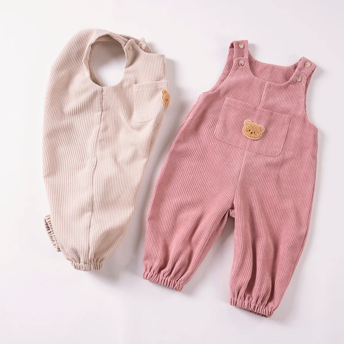Baby Boys Girls Jumpsuits Cute Bear Graphic Denim Bib Pants with Small Pocket Toddler Overalls for Spring Autumn