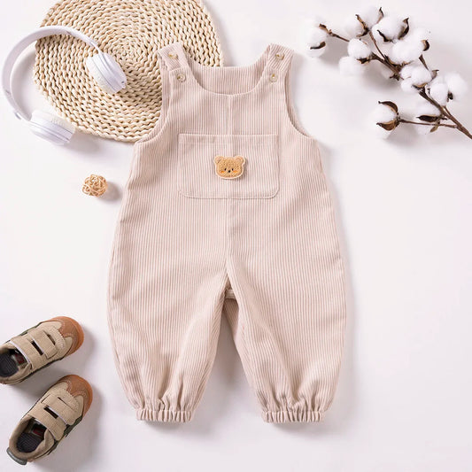 Baby Boys Girls Jumpsuits Cute Bear Graphic Denim Bib Pants with Small Pocket Toddler Overalls for Spring Autumn
