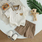 Summer Baby Boy Short-Sleeved Top + Shorts Two-Piece Set, Suitable for Casual Outings and Play, the Cartoon Bear Shows Off the Baby's Cuteness