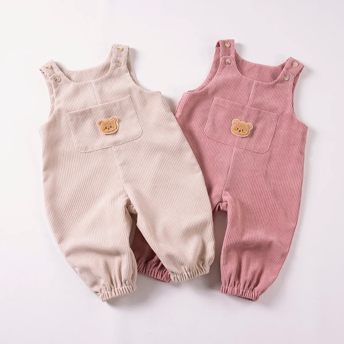 Baby Boys Girls Jumpsuits Cute Bear Graphic Denim Bib Pants with Small Pocket Toddler Overalls for Spring Autumn